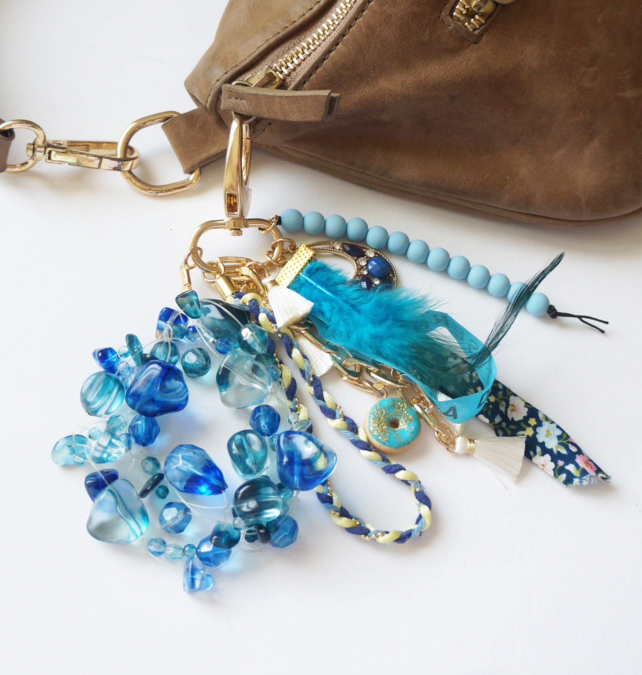 Boho Blue Bag Charm – Ocean-Inspired Keychain with Feathers, Beads, Brazilian Ribbon & Tassels
