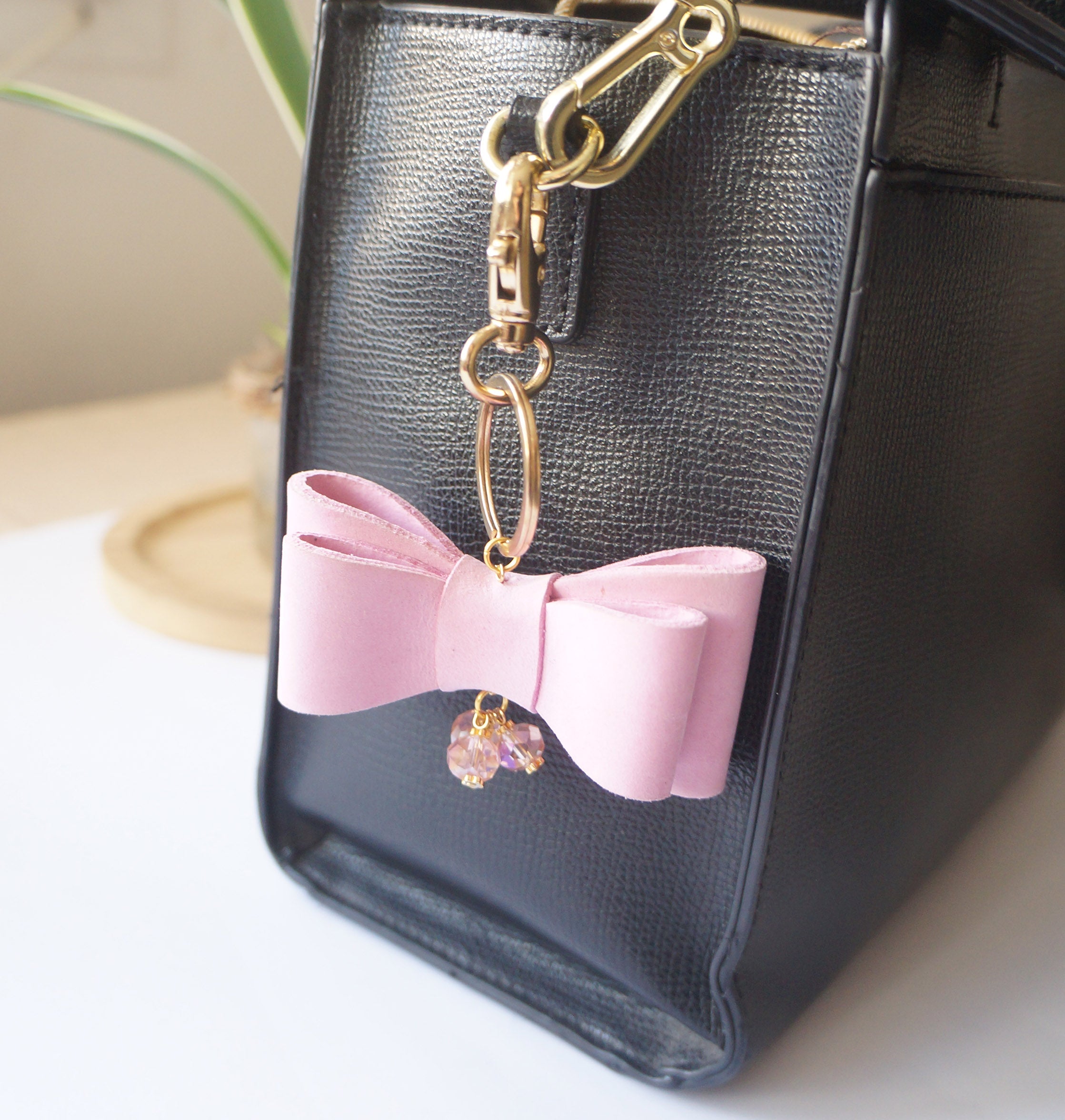 Leather Bow Key Ring - Cotton Candy