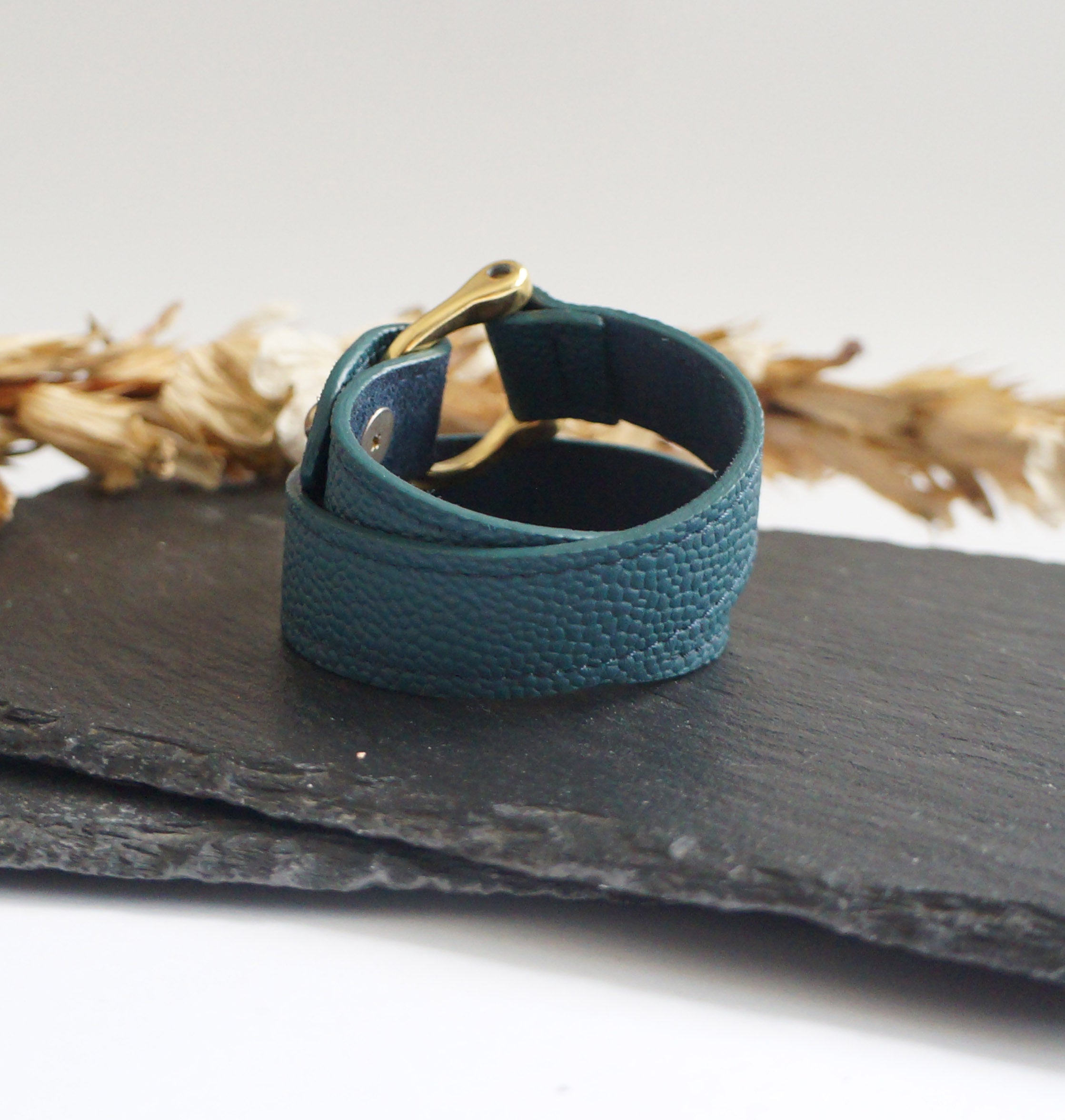 Leather Double Wrap Bracelet with gold D hardware