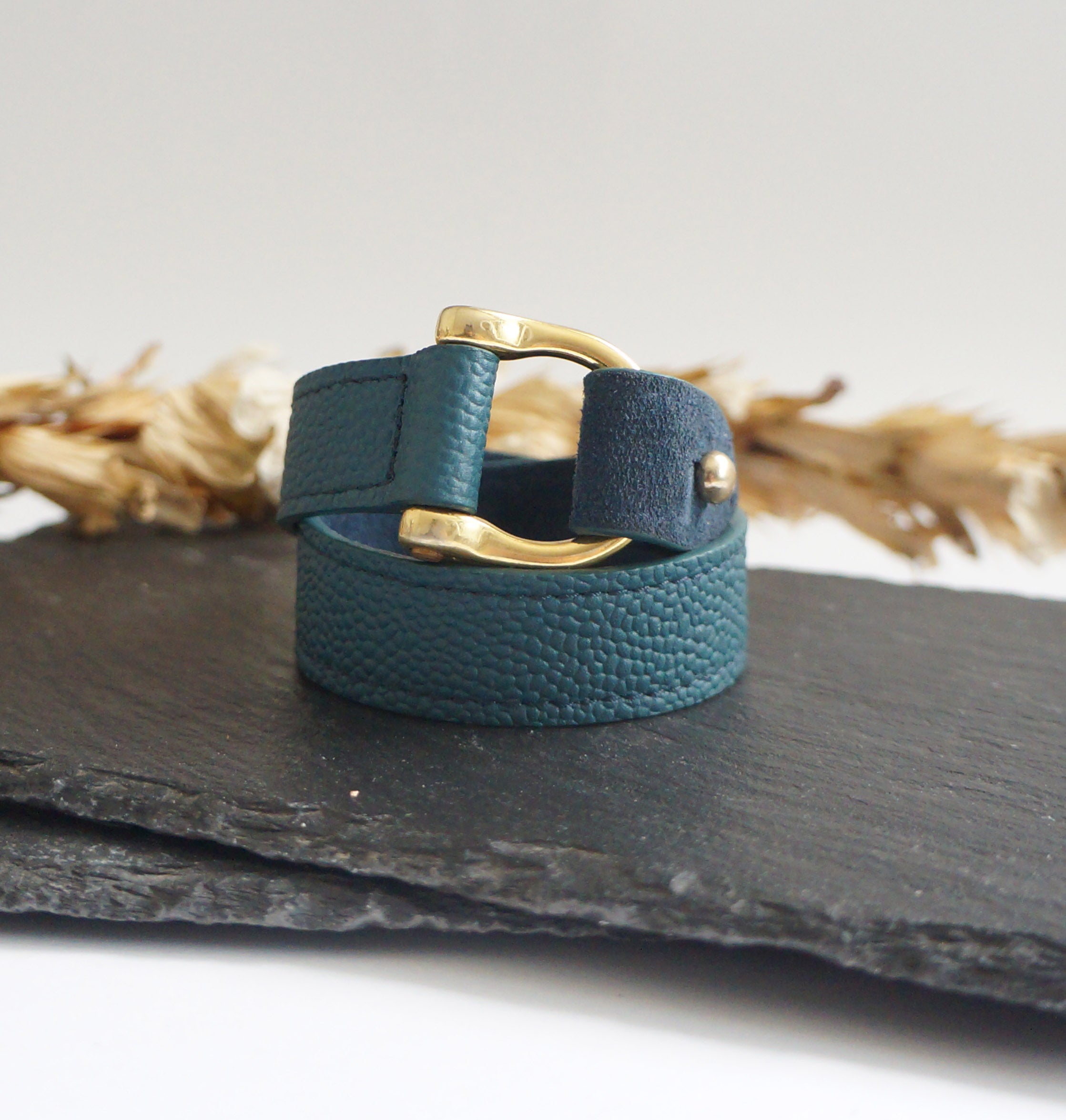 Leather Double Wrap Bracelet with gold D hardware