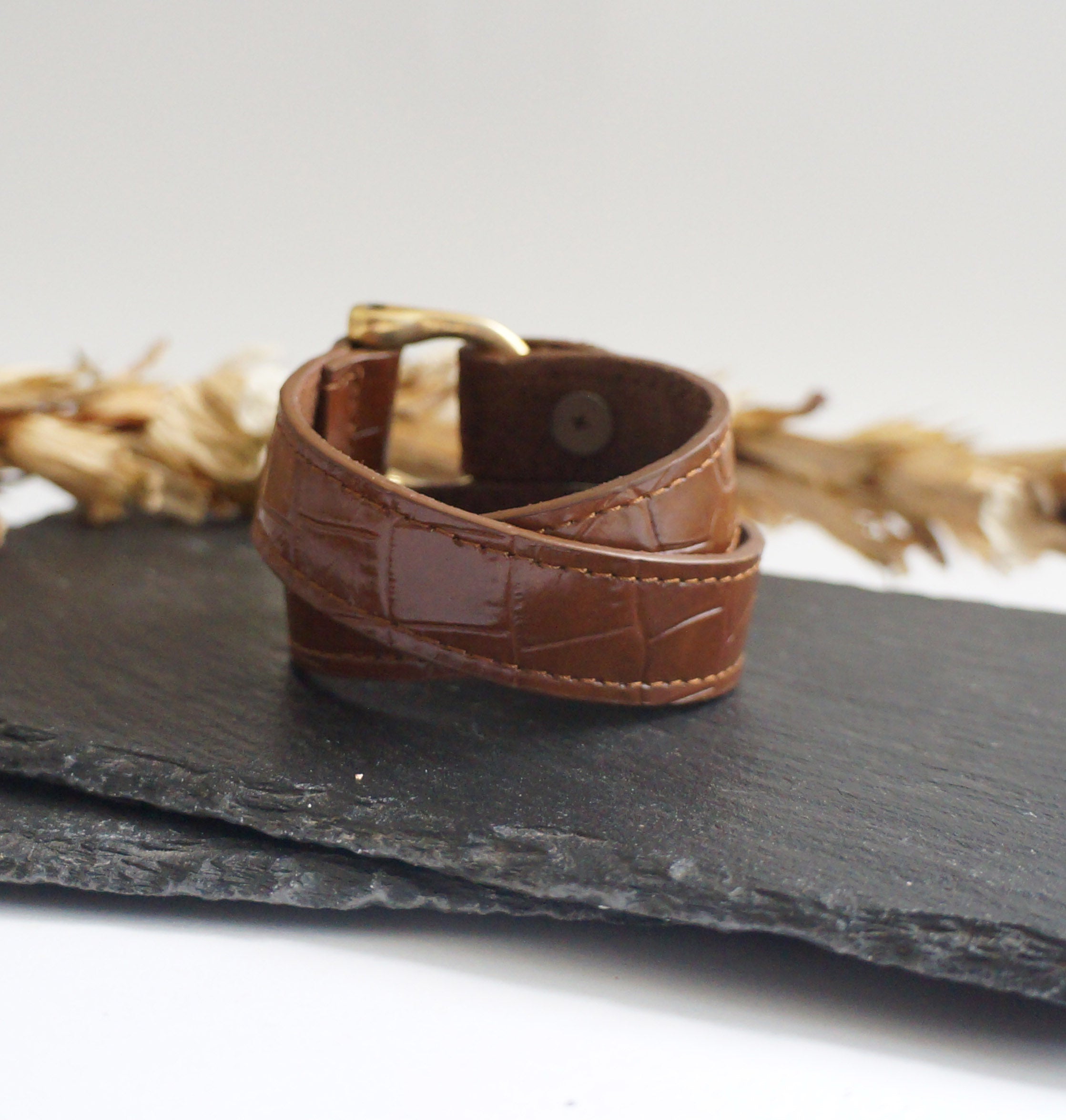 Leather Double Wrap Bracelet with gold D hardware
