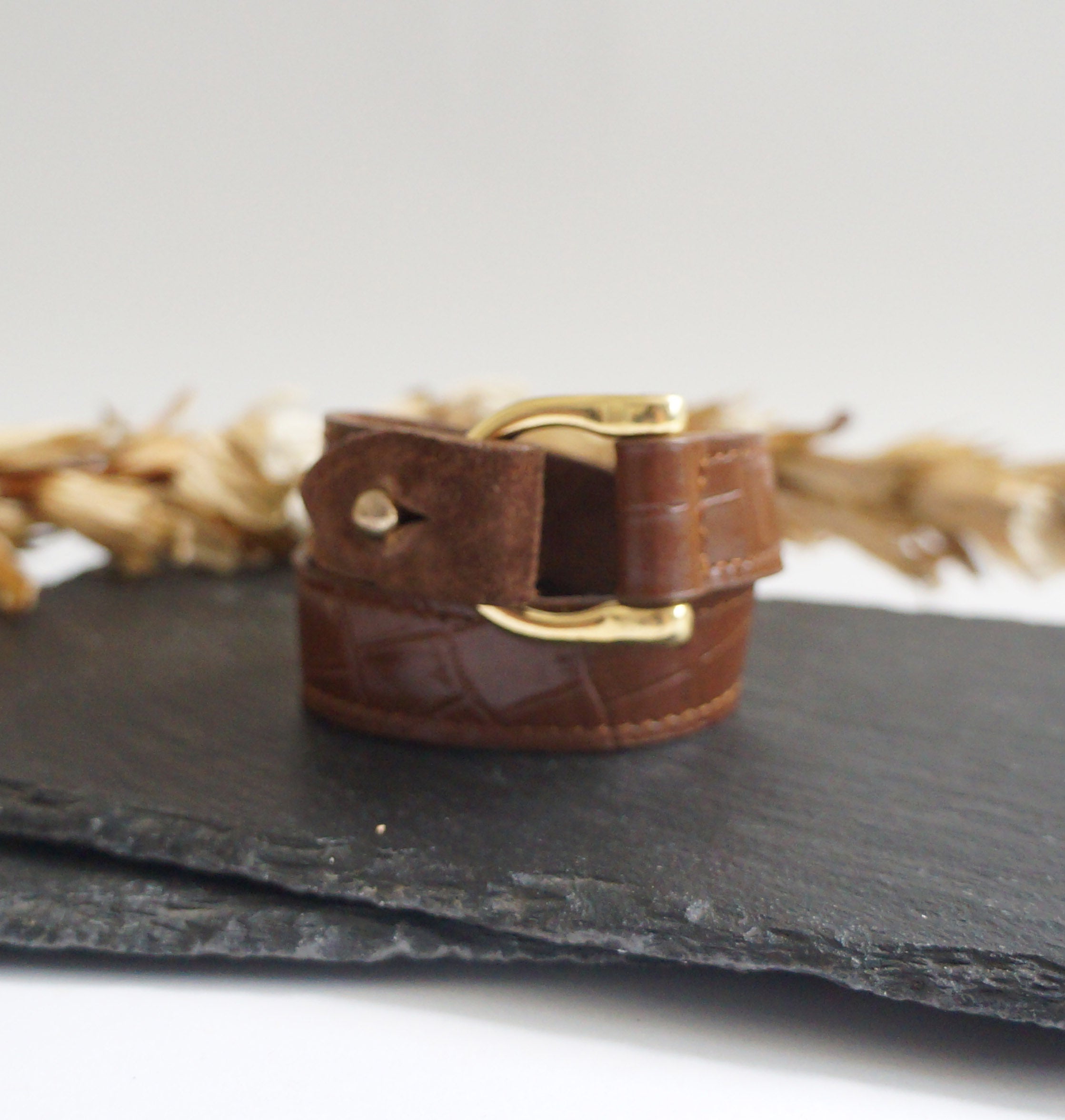 Leather Double Wrap Bracelet with gold D hardware