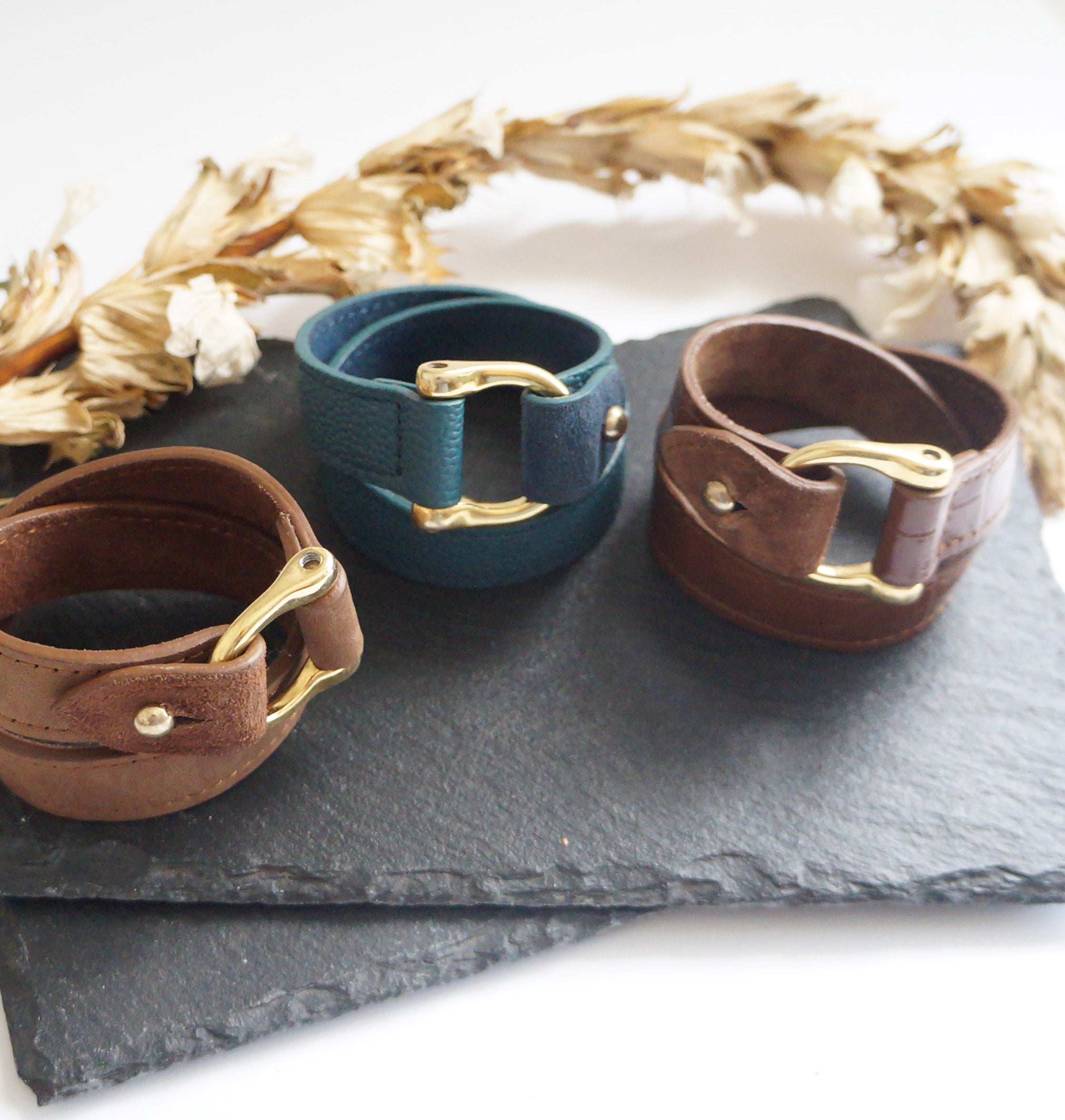 Leather Double Wrap Bracelet with gold D hardware