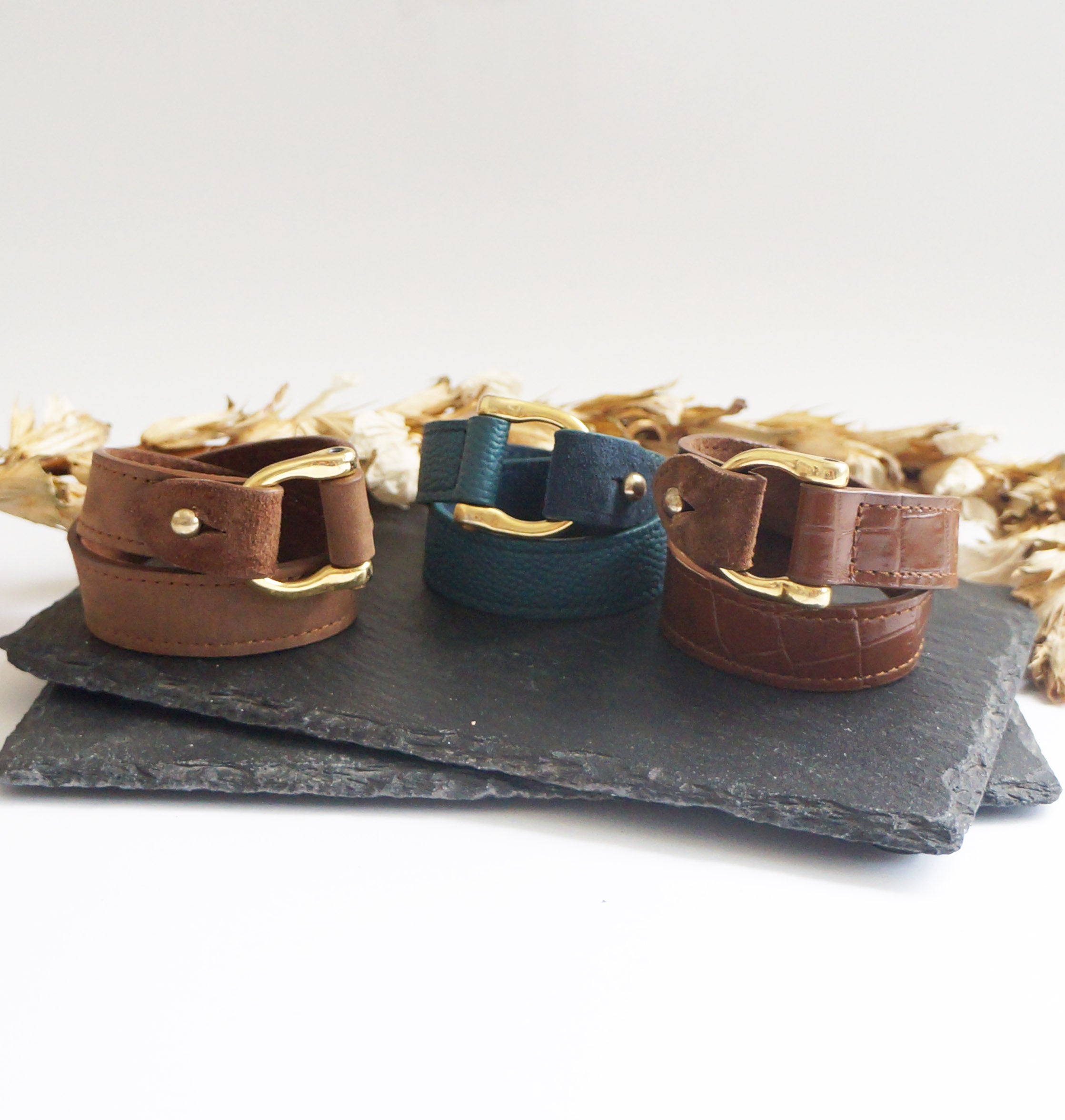 Leather Double Wrap Bracelet with gold D hardware