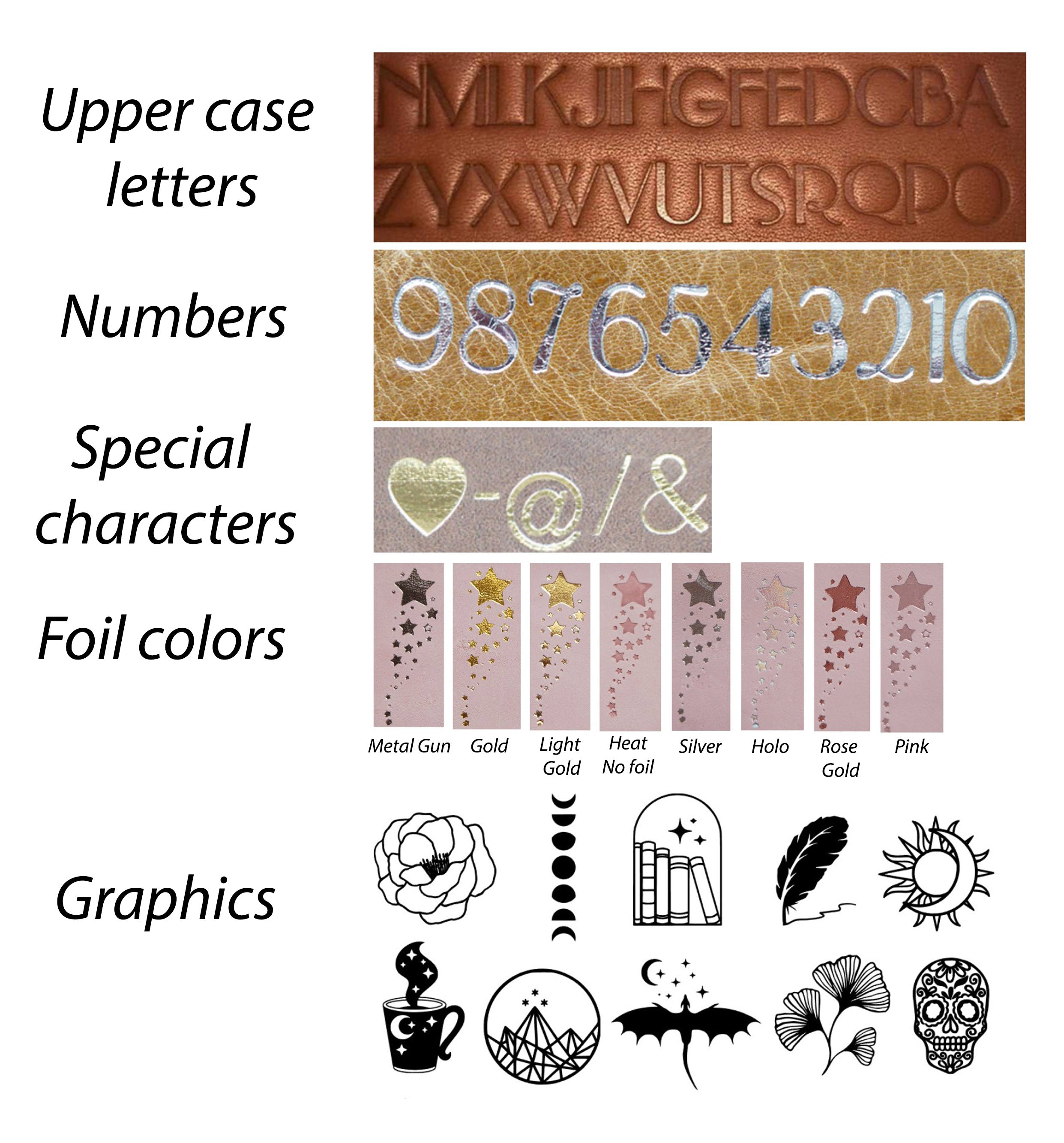Overview of leather embossing options by Naya Paperie – uppercase letters, numbers, special characters, foil color choices, and decorative graphics