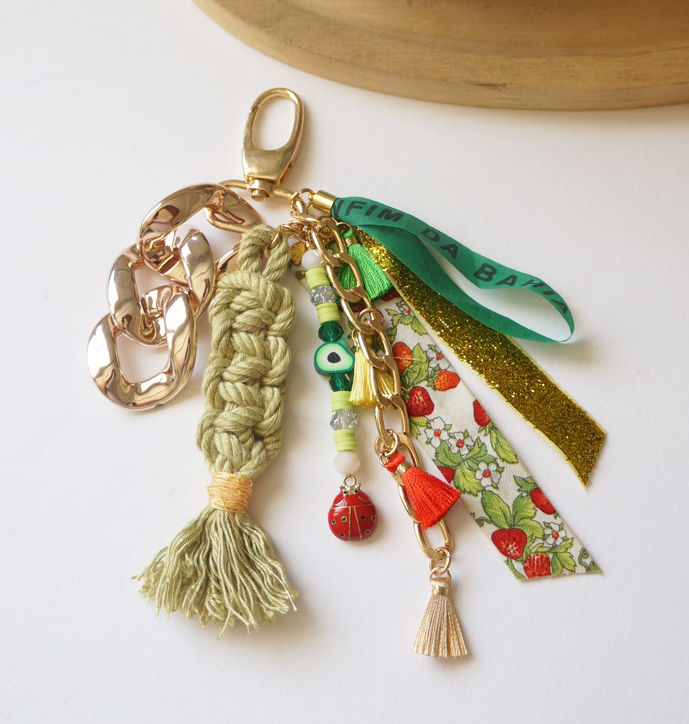 Green Boho Bag Charm – Lucky Bonfim Ribbon Keychain with Evil Eye Beads, Tassels & Ladybug Accent