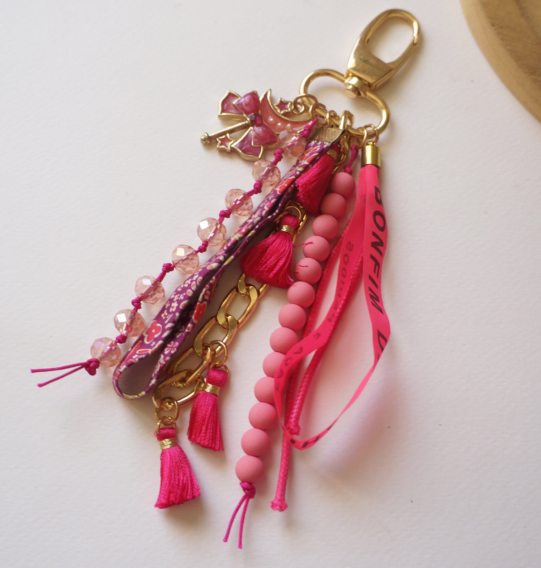 Pink Boho Bag Charm – Beaded Tassel Keychain with Gold Hardware and Lucky Ribbons
