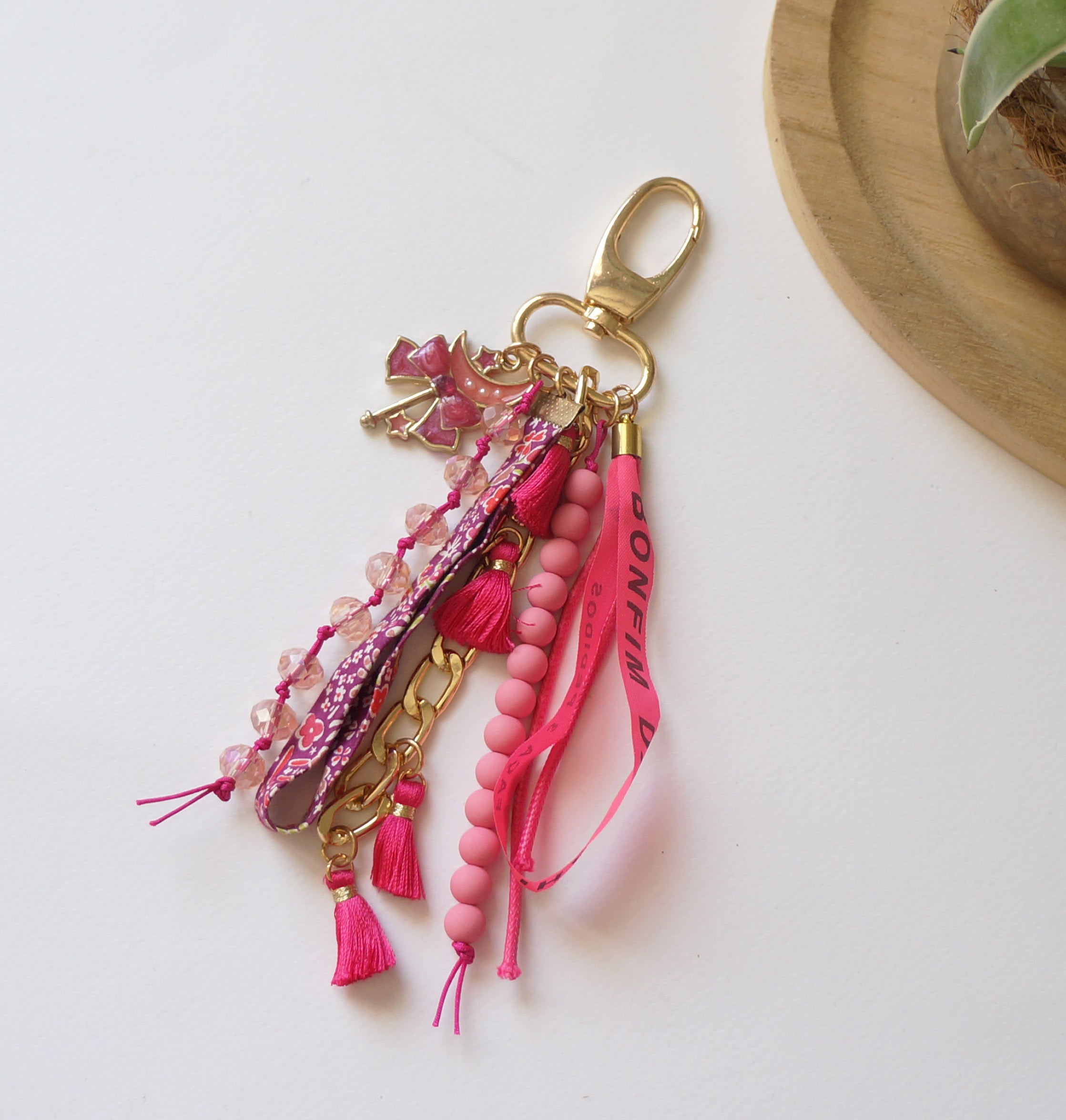 Pink Boho Bag Charm – Beaded Tassel Keychain with Gold Hardware and Lucky Ribbons