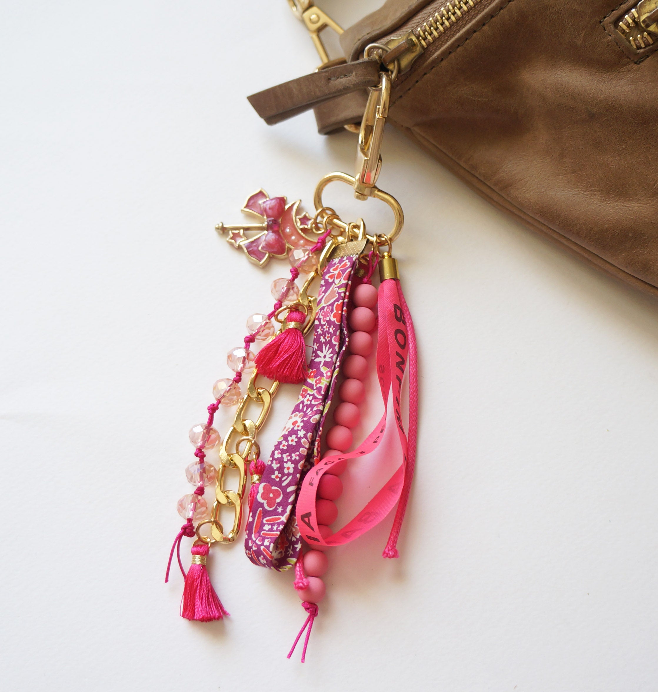 Pink Boho Bag Charm – Beaded Tassel Keychain with Gold Hardware and Lucky Ribbons