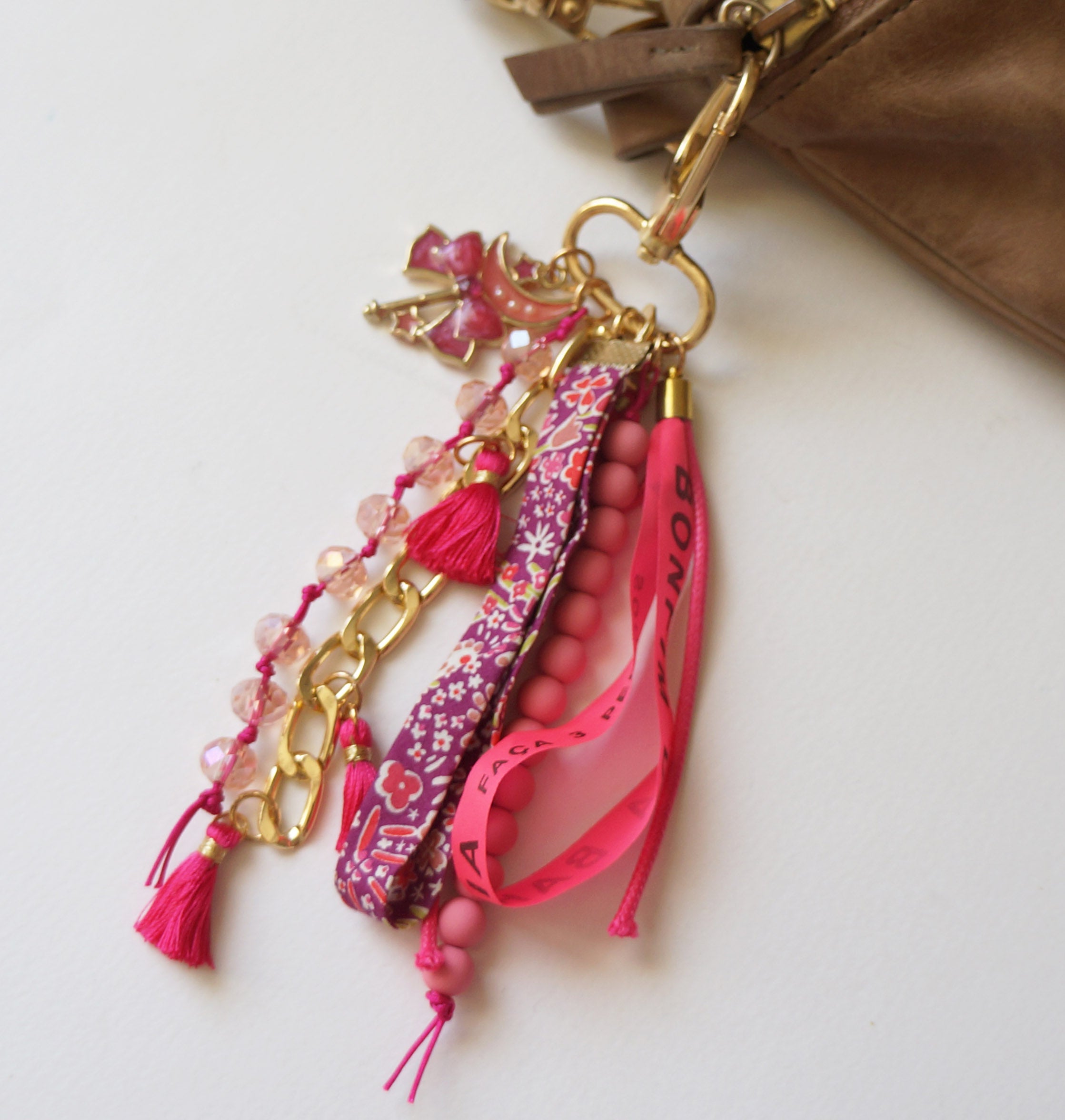 Pink Boho Bag Charm – Beaded Tassel Keychain with Gold Hardware and Lucky Ribbons