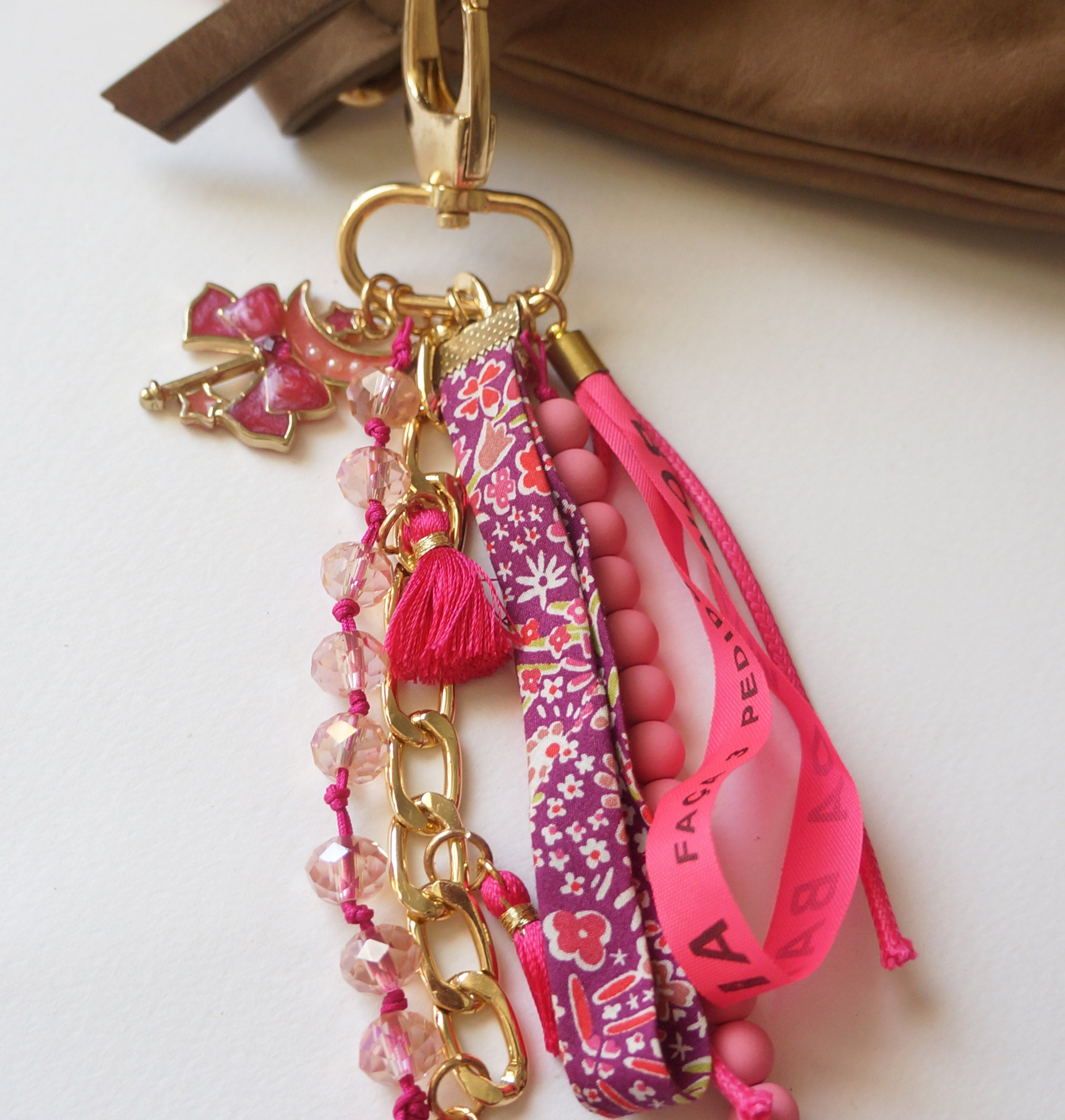 Pink Boho Bag Charm – Beaded Tassel Keychain with Gold Hardware and Lucky Ribbons