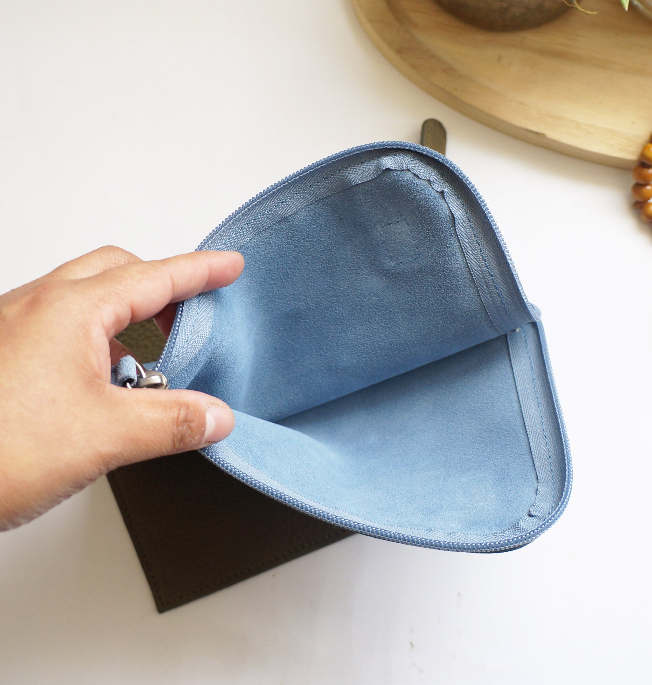 Suede leather unlined travel zipper pouch,