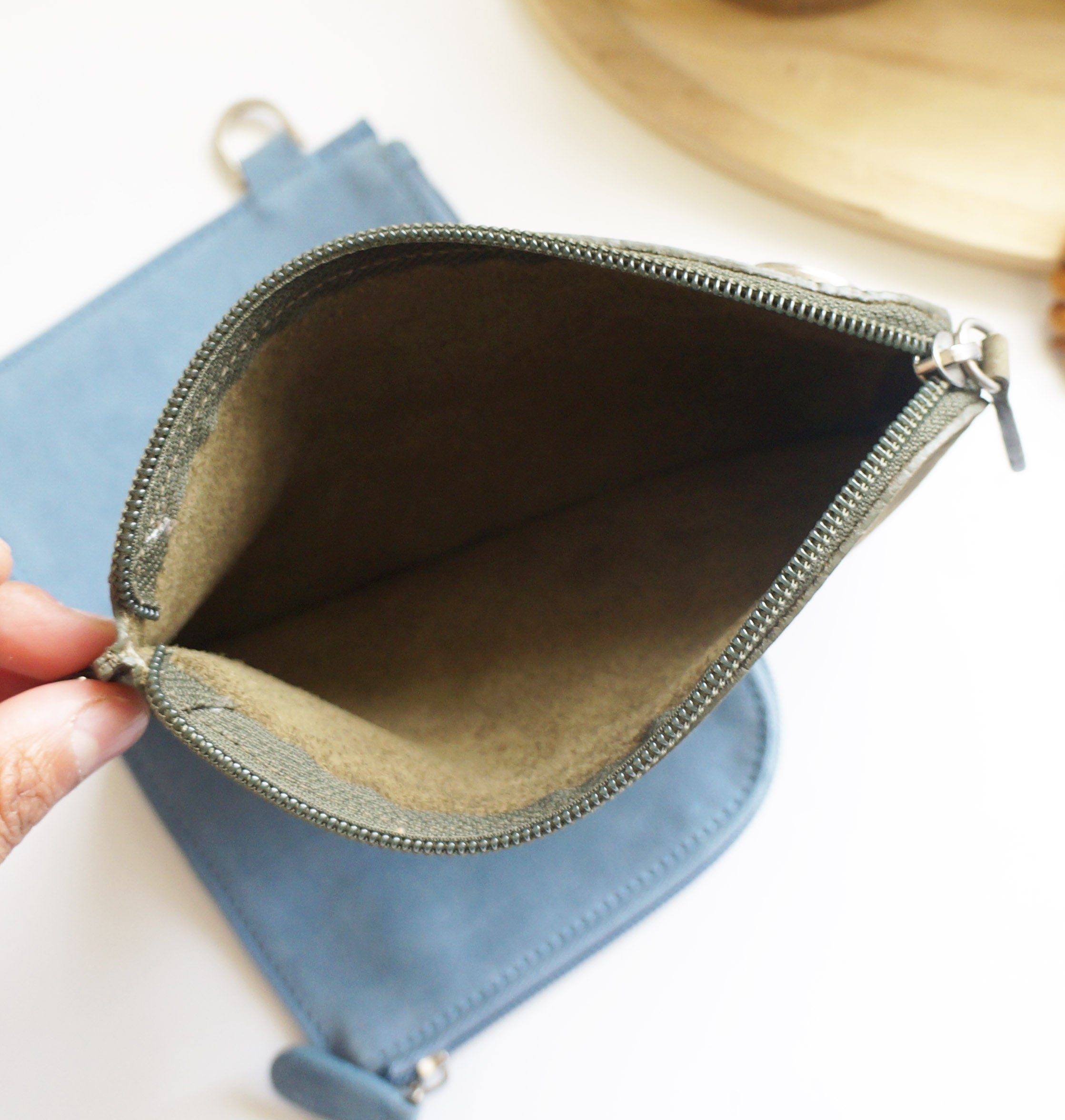 Suede leather unlined travel zipper pouch,