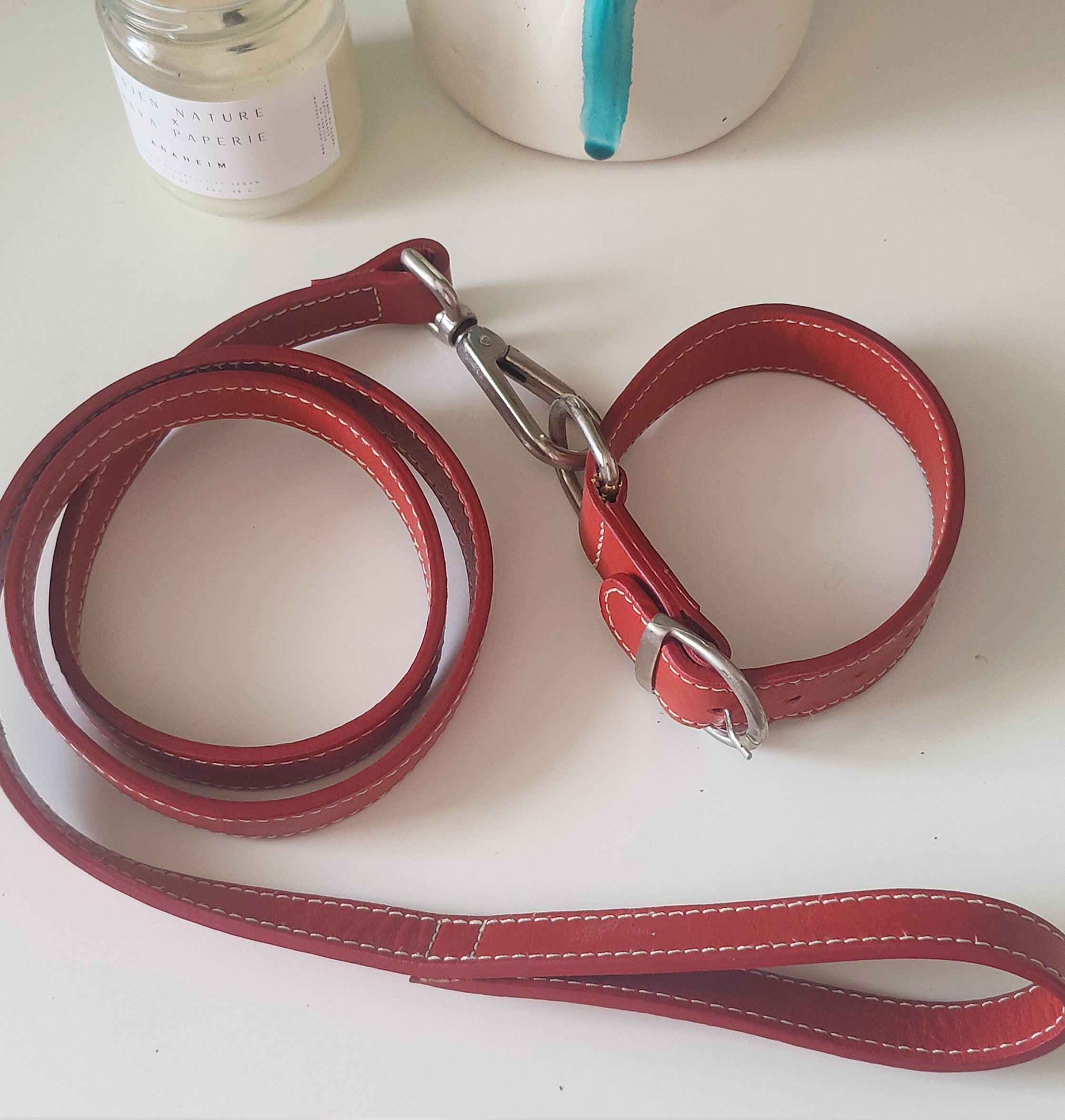 Dog collar with Leash - Red leather