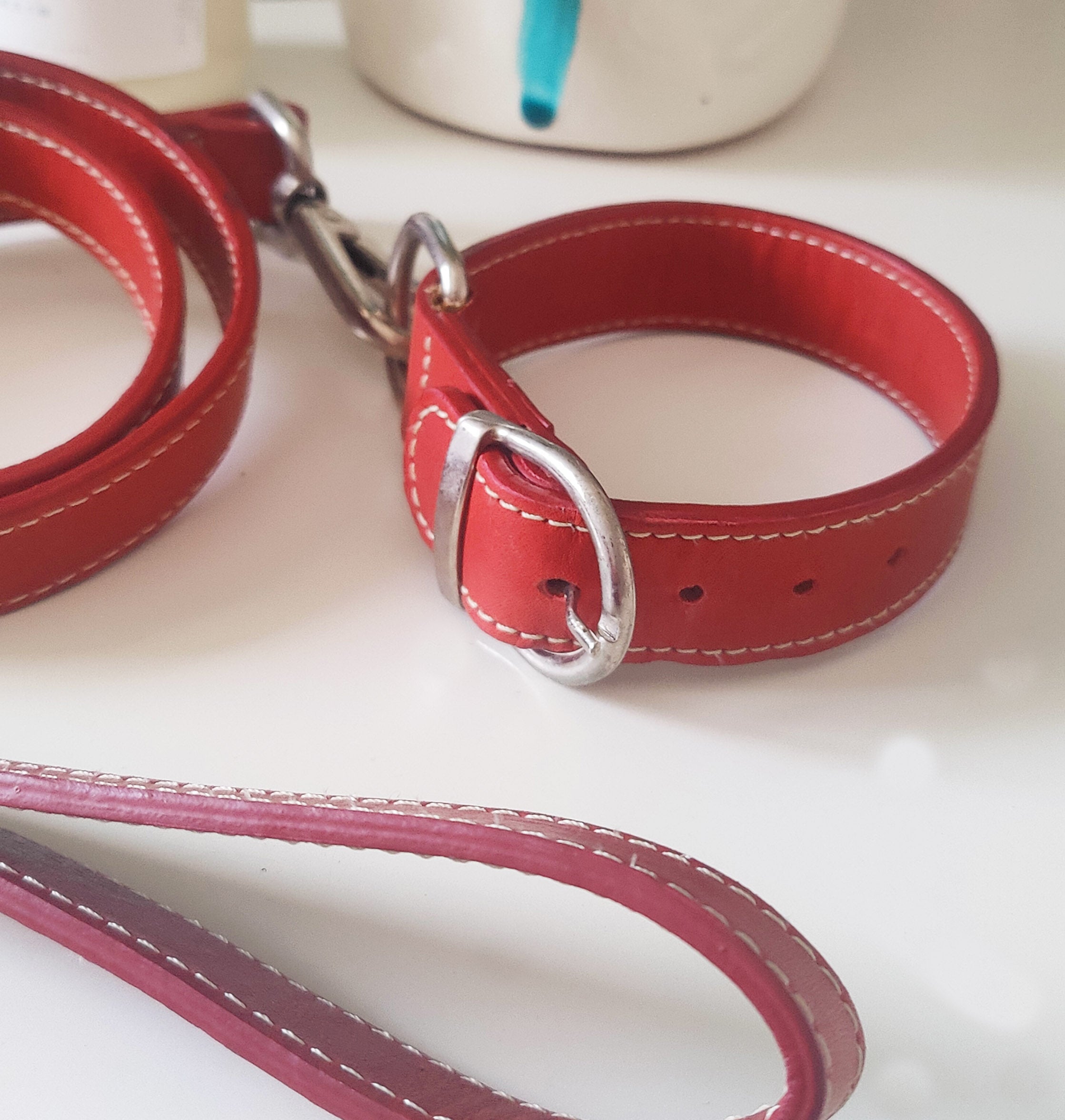 Dog collar with Leash - Red leather