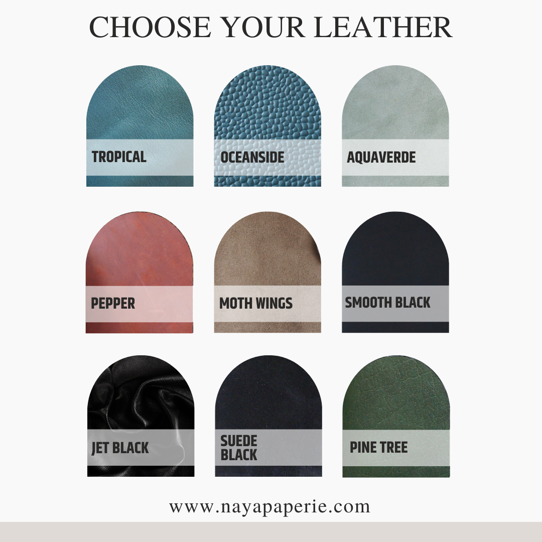 Cool tone and black leather swatches – Tropical, Oceanside, Aquaverde, Jet Black, Smooth Black, Suede Black, Pepper, Moth Wings, Pine Tree – Naya Paperie