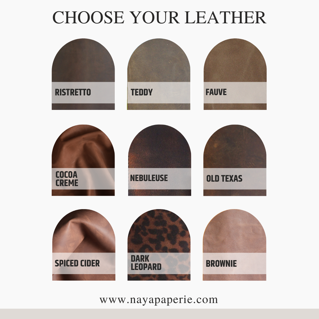 Dark leather swatches available from Naya Paperie – Ristretto, Teddy, Fauve, Cocoa Crème, Nebuleuse, Old Texas, Spiced Cider, Dark Leopard, Brownie