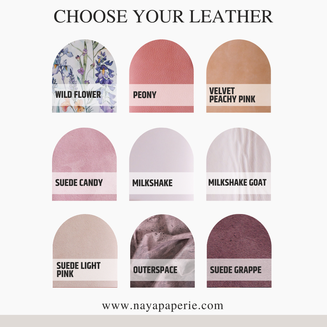 Pink, suede and floral leathers – Wild Flower, Peony, Velvet Peachy Pink, Milkshake, Suede Candy, Grappe, Milkshake Goat, Outerspace – Naya Paperie