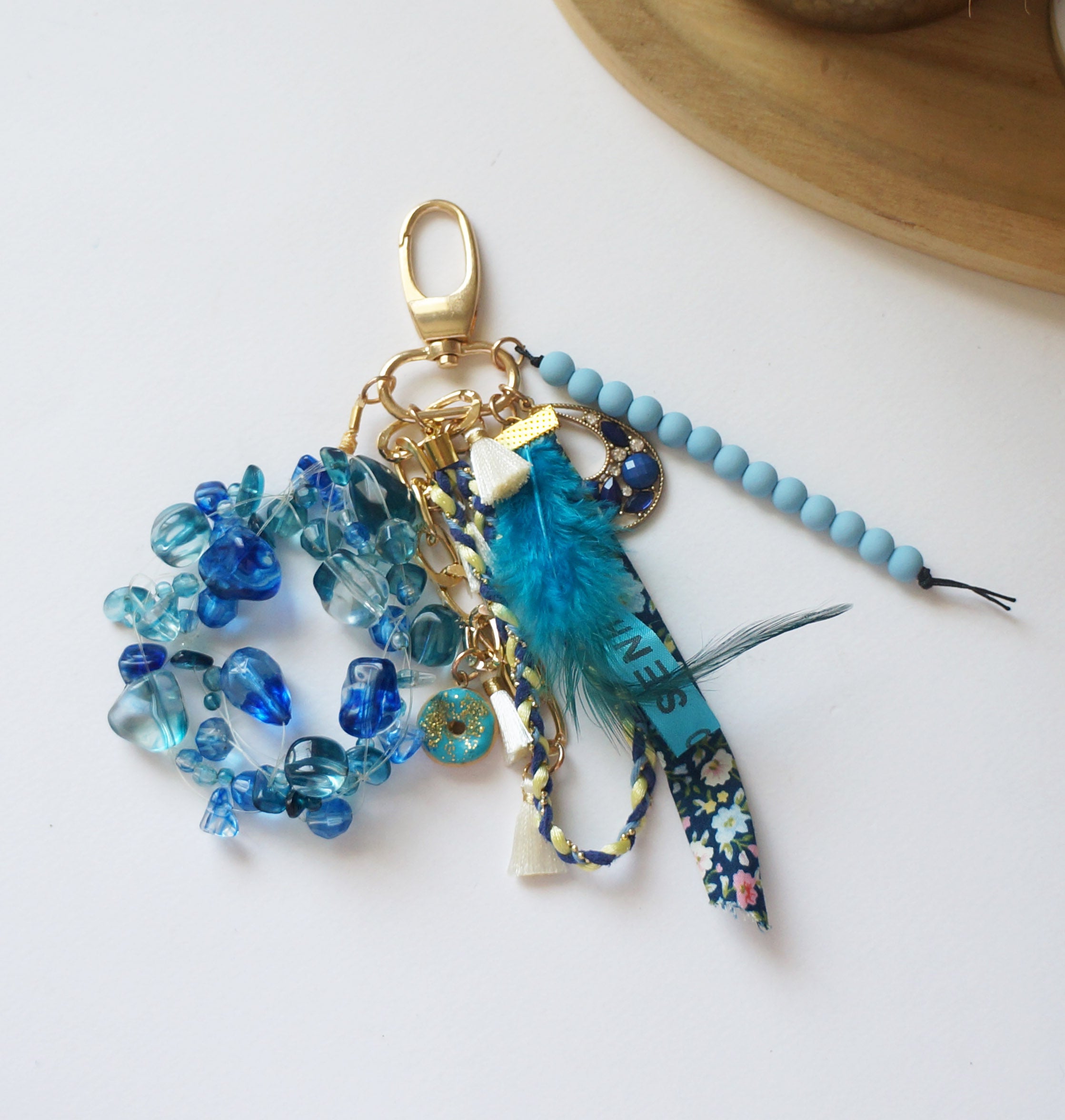 Boho Blue Bag Charm – Ocean-Inspired Keychain with Feathers, Beads, Brazilian Ribbon & Tassels