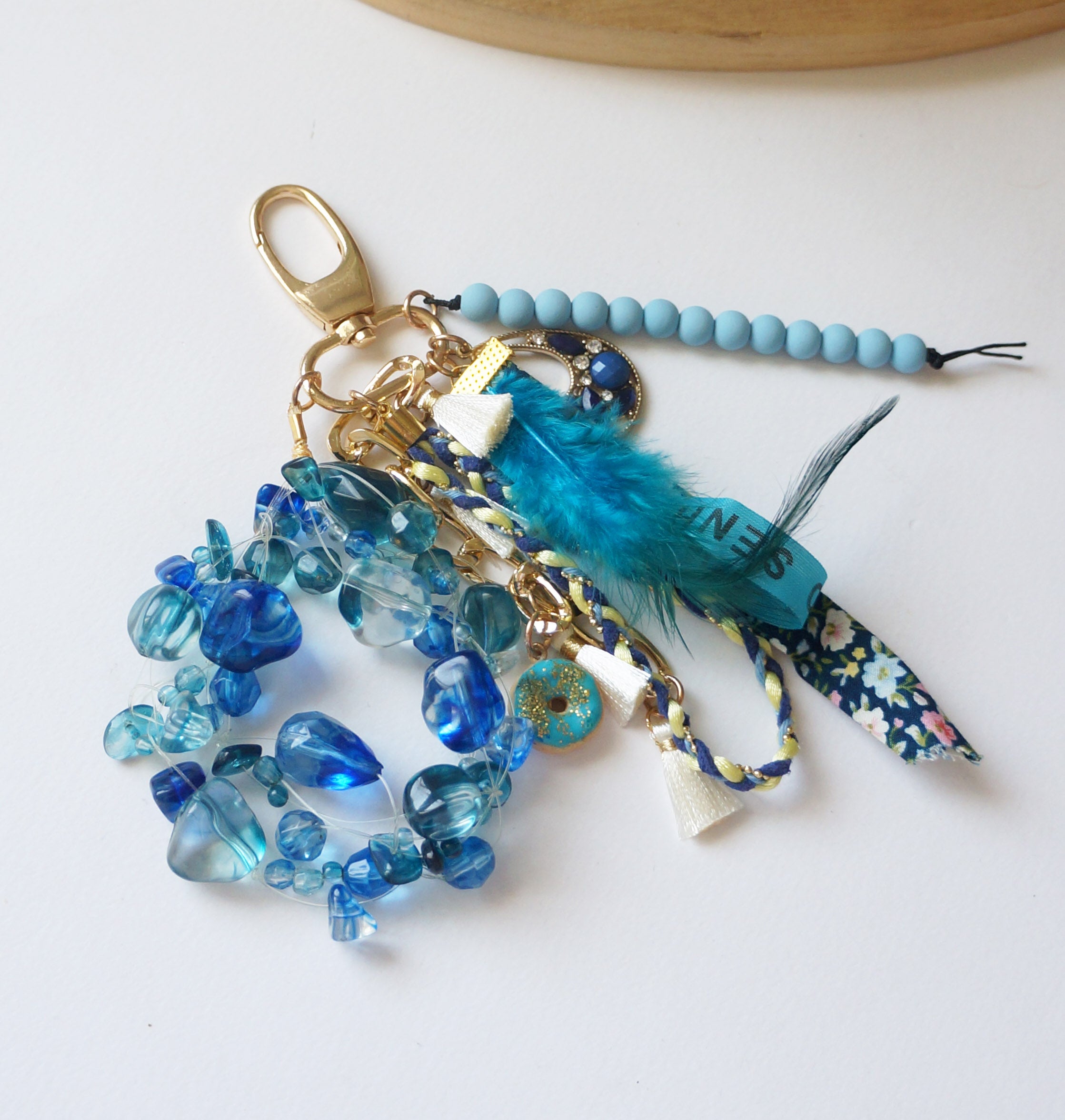 Boho Blue Bag Charm – Ocean-Inspired Keychain with Feathers, Beads, Brazilian Ribbon & Tassels