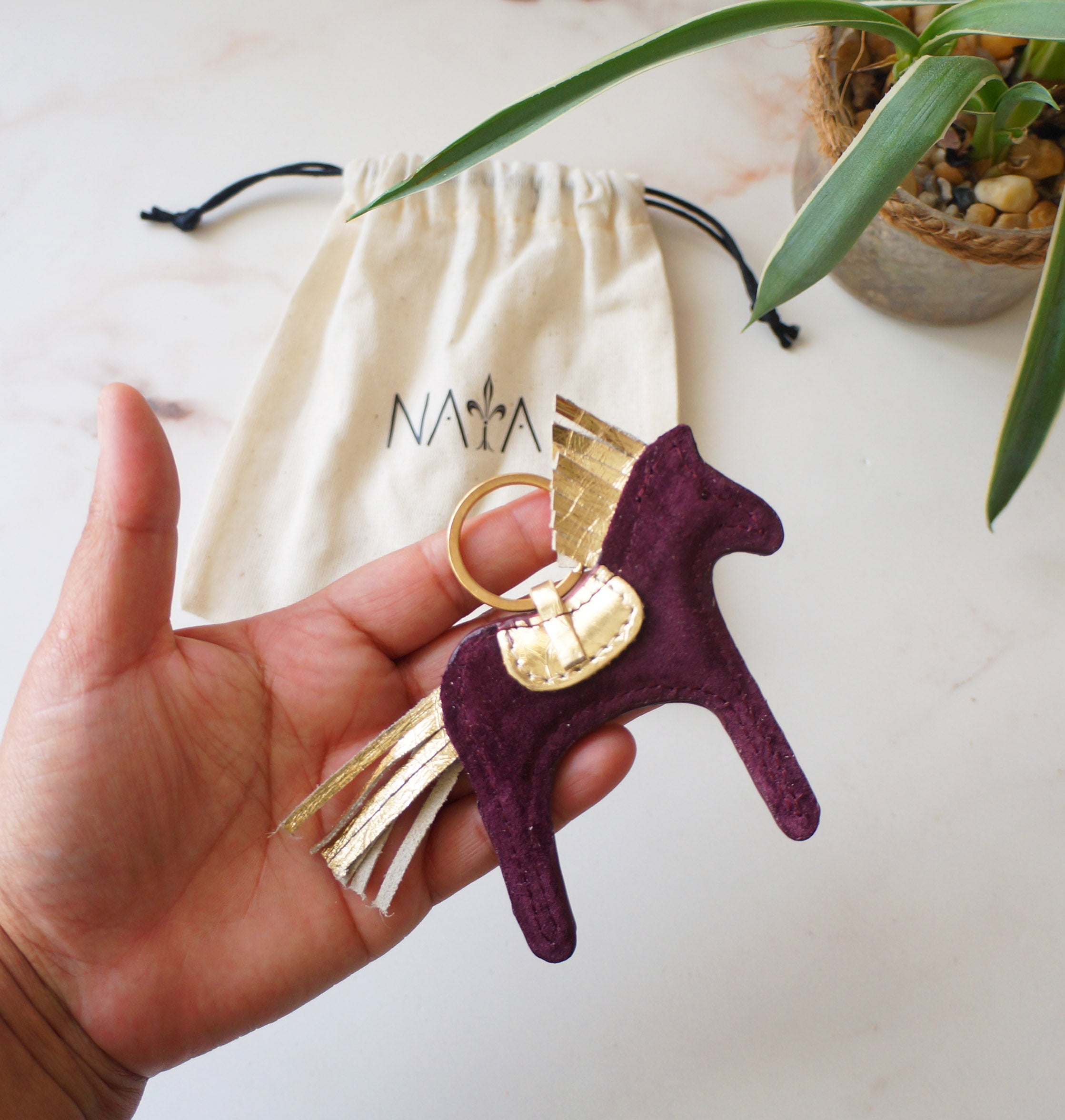 Leather Horse Charm - Suede Scarlet and Golden